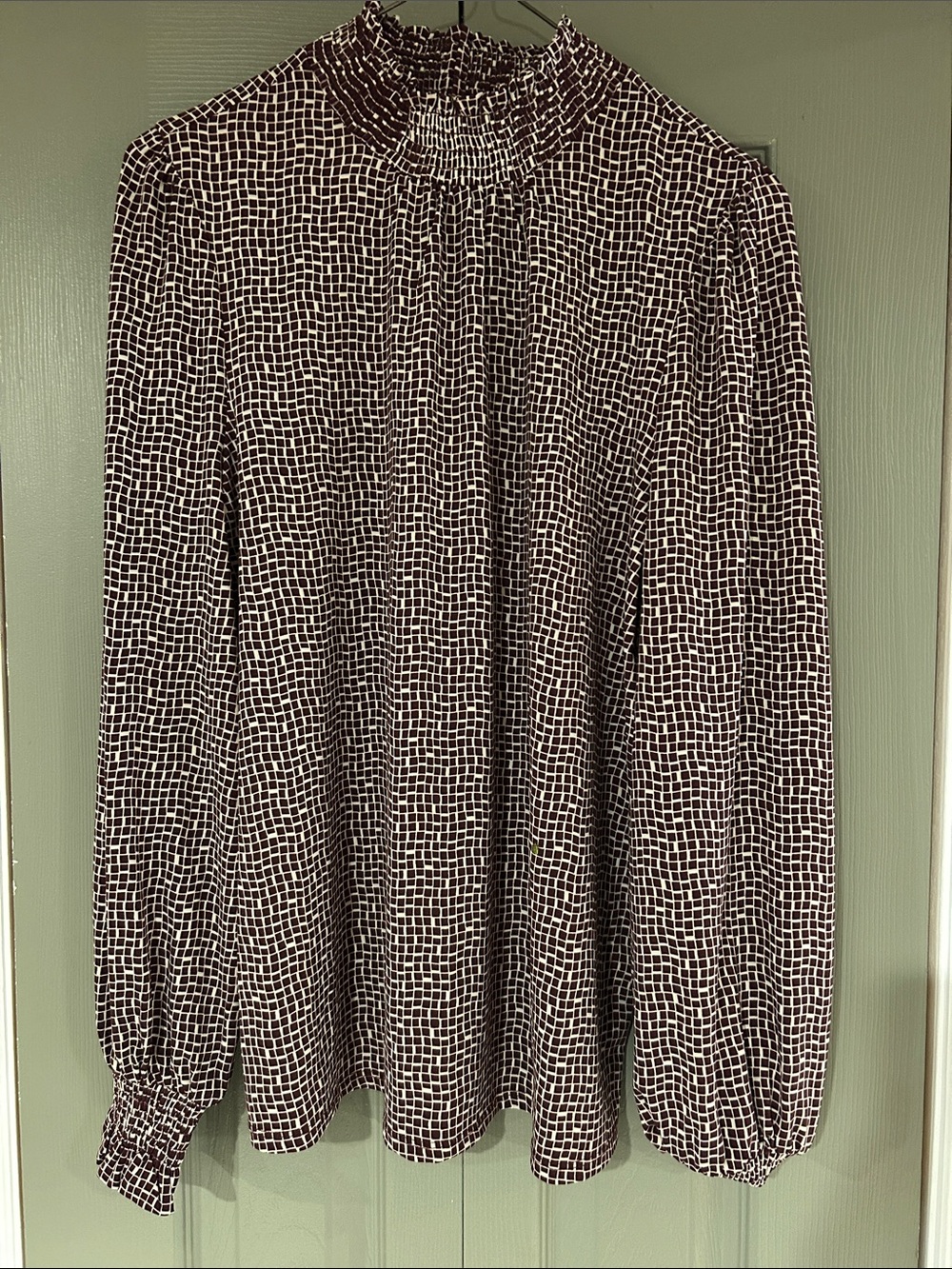 RW&CO. Burgundy and White Grid Print Long Sleeve Blouse